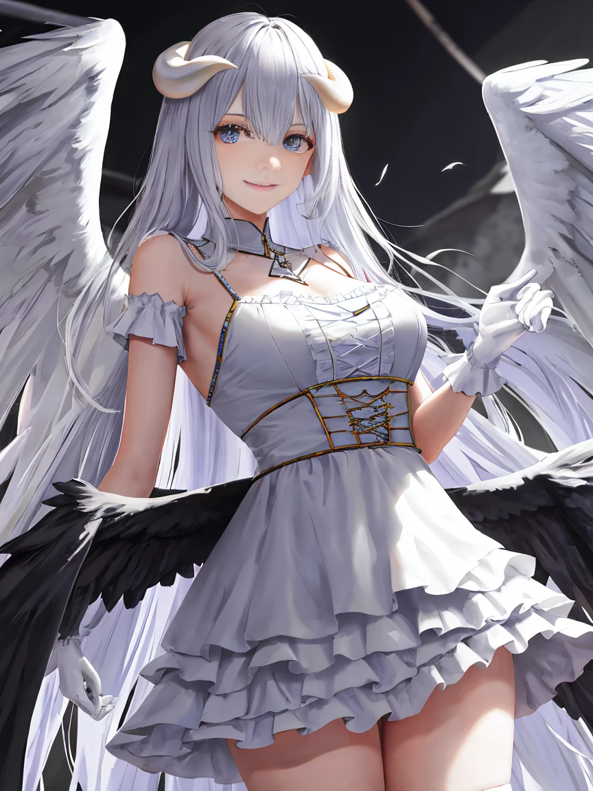 Meisterwerk, best qualit, high res, al1, demon horns, geschlitzte Pupillen, white gloves, white dress, nackte Schultern, Abnehmbarer Kragen, Spaltung, black wings, feathered wings, low wings, Cowboy erschossen, stehend, Verlies, evil smile, Die Hand ausstrecken, Ausgebreitete Arme, ausgestreckte Arme,