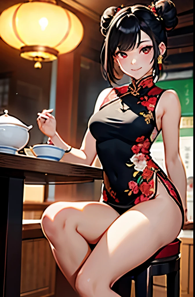 (Best Quality、Unity 8k壁纸、32K、masutepiece、ultra-detailliert、超A high resolution、Impresionismo、Photorealsitic:1.2)、Dynamic lighting、dynamic shot、Detailed 3D rendering、Moody lighting、Detailed beautiful face and eyes、A slender、Medium bust、Full body、 Highly detailed background、Chinese Restaurant、Carry dishes、beauitful face、blurry backround、a beauty girl、super detailed skin、Black hair、short-hair、Double bun、Red Eyes、Red cheongsam with gold thread embroidery、Wearing high heels、Floral hair ornament、miscievous smile、(thighs thighs thighs thighs:0.9)、dynamicposes、