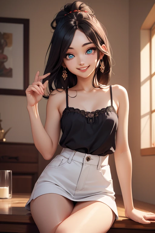 (masterpiece, exquisite beautiful eyes: 1.5), masterpiece ,1 girl,cute girl,(red eyes),small breasts,camisole,grin、dread hair