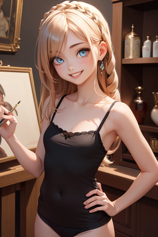 (masterpiece, exquisite beautiful eyes: 1.5), masterpiece ,1 girl,cute girl,(red eyes),small breasts,camisole,grin、dread hair