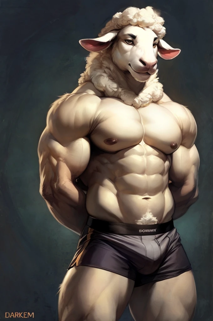 Solo, Furry, Anthro, Sheep, Male, E621, Standing, Wearing Boxer Shorts, Muscular Body, Front view, Hands behind back, Simple image background, by darkgem
