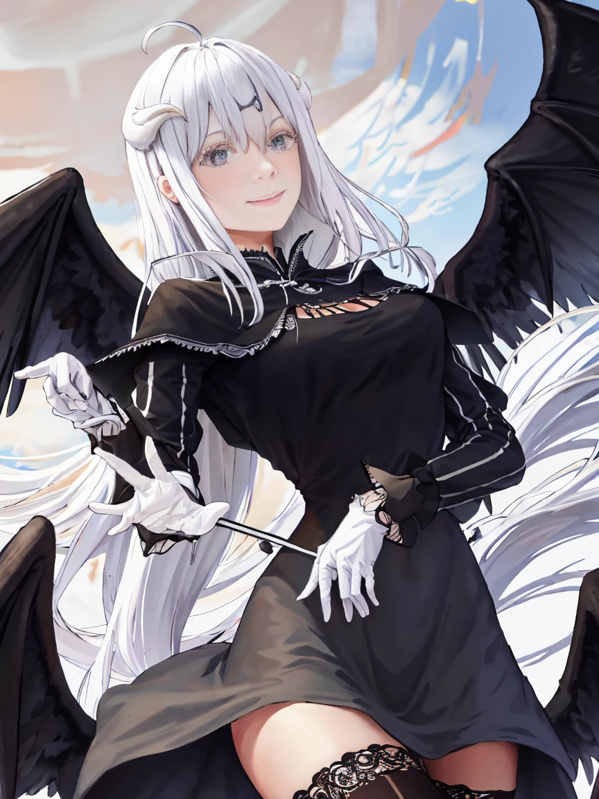 Meisterwerk, best qualit, high res, al1, demon horns, geschlitzte Pupillen, white gloves, nackte Schultern, Abnehmbarer Kragen, Spaltung, black wings, feathered wings, low wings, Cowboy erschossen, stehend, Verlies, evil smile, Die Hand ausstrecken, Ausgebreitete Arme, ausgestreckte Arme,