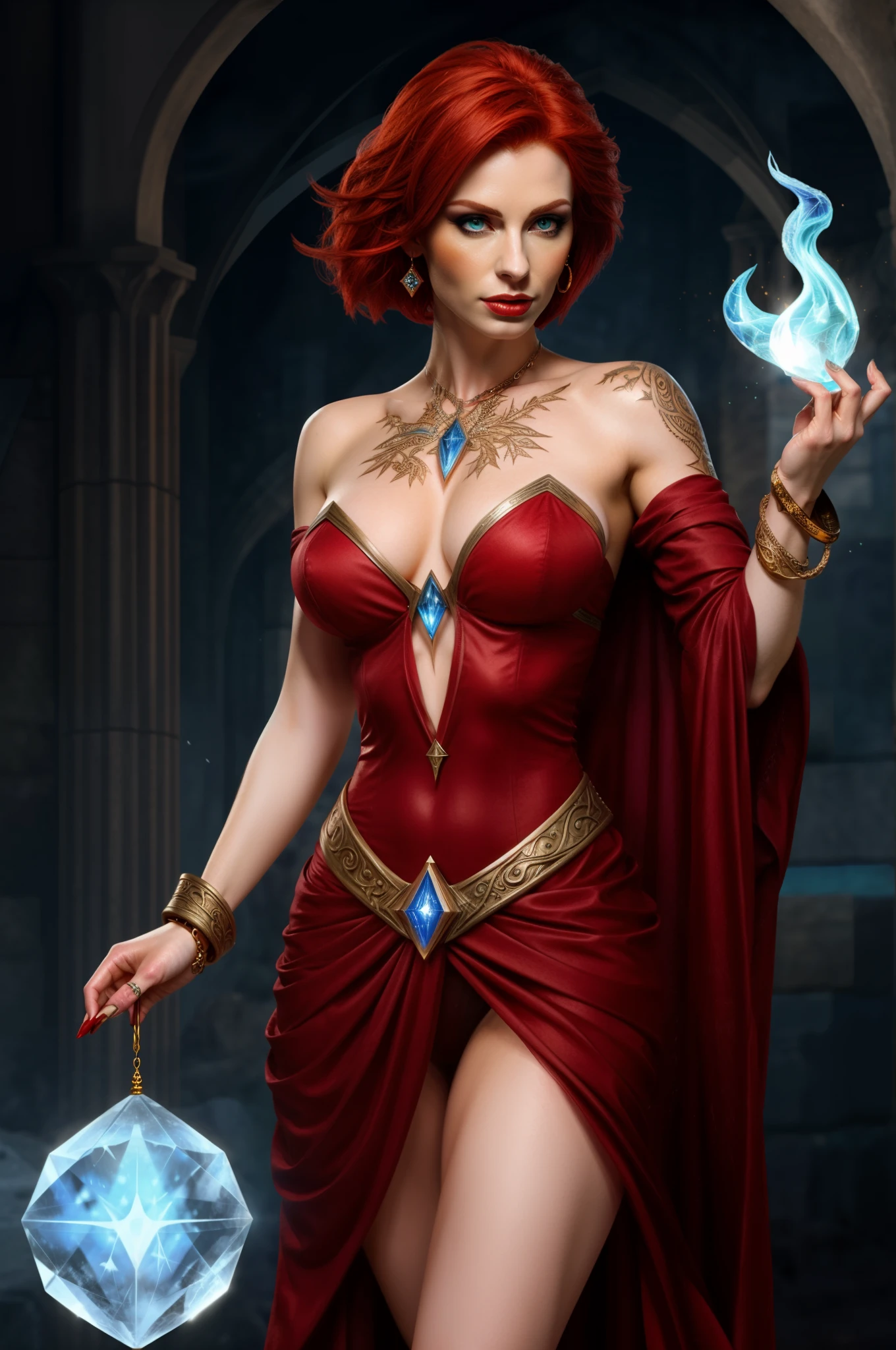 Fantasy Female sorceress, red hair, fair skin, ice tattoo