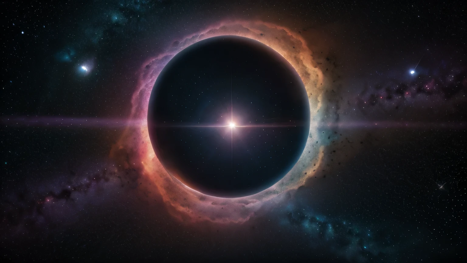 empty interstellar void, (surrounded by) colorful nebulae, (and) distant galaxies. (The artwork is) a digital illustration, (created with) high-resolution 3D rendering, (featuring) ultra-detailed textures, (and) vivid colors. (The) lighting (gives) a sense of depth, with (subtle) highlights and shadows, (emphasizing) the ethereal atmosphere. (The) overall color palette (is) dominated by blues, purples, and hints of pink, (creating) a dreamlike ambiance.