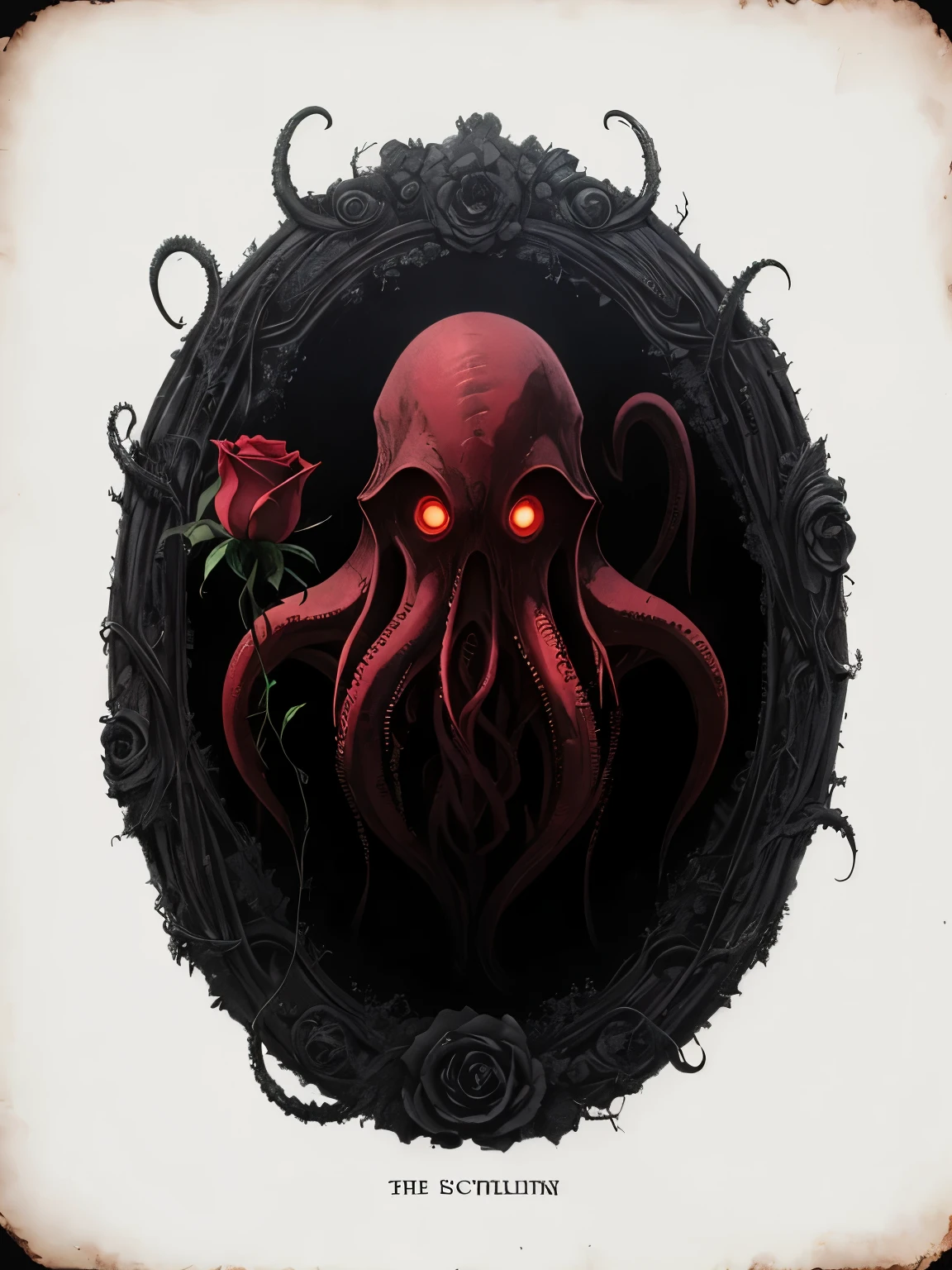 An eerie and mysterious depiction of Cthulhu on a white background, accompanied by a sick rose, a blood sickle, a void, an invisible worm, and a honeysuckle, with the sentence "Lovecraft's Secret Domain" written on the foreground, Vintage photorealistic color painting, using a variety of colors to create a vintage effect