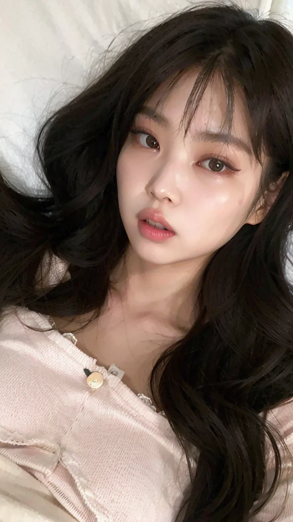 um close up de uma mulher deitada em uma cama com um travesseiro, Ela tem cabelo preto com franja, Ulzzang, linda Delphine, Sakimichan, Jaeyeon Nam, franja contundente cai em sua testa, wan adorable korean face, Heonhwa Choe, com franja, com franja completa, Shikami, pale porcelain white skin, Kim Doyoung