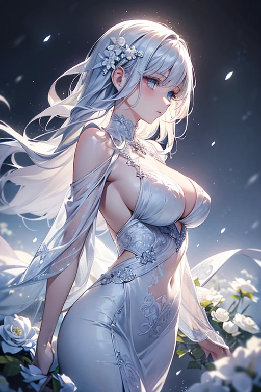 (Paradise in Heaven), White lighting,(muste piece), (best quality), (cinematic), 8K, (art station),(長いwhite hairとSilvery eyesを持つ1人の女), (beautiful delicate face)、[Frozen trees々], [landscape crystal], [lighting], [Ethereal Atmosphere:1.1], [fantasy, short story] ,[soft なlighting] 、(+cinematic shot:1.2)、 [+art station] 、[+luminous white background] 、 [soft glow] 、(Creative and dynamic angles:1.3), [+Crystal Toning] 、muste piece, very detailed, Super detailed, solo, (pale skin), Silvery eyes, white hair, (snow background), (snowflake rosen flower:1.0), (shining crystal), (Snowy ground), (White lashes), sexy woman、dreamy and detailed, Gorgeous setting, 妖しい雰囲気 muste piece, The most beautiful scenes, majestic、(((full of white flowers)))、quiet and serene atmosphere、attractive, all white tones,Inside the crystal library,Transparent flowers and falling snow，Many white roses are planted,(water flowing,waterfall,water bloom),The decoration is also carefully done.,dream（very detailedです，creative design，crisp and precise lines，K HD，best quality，master piece，超High resolution，In 4K）、Diverse poses、((beautiful white flower hair ornament))、beautiful hairstyle、(best quality, In 4K, 8K, High resolution, muste piece:1.2), Super detailed, detailed expression, graceful posture, Expressiveなブラシストローク, mysterious atmosphere, artistic interpretation,Delicate floral jewelry， (((Detailed design、Beautiful transparent dress made of thin fabric、Sheer mini dress that shows off your skin)))、(SFW:1.5), (oversized breasts, best body proportions, proportions of large breasts,:1.5)、Expressive