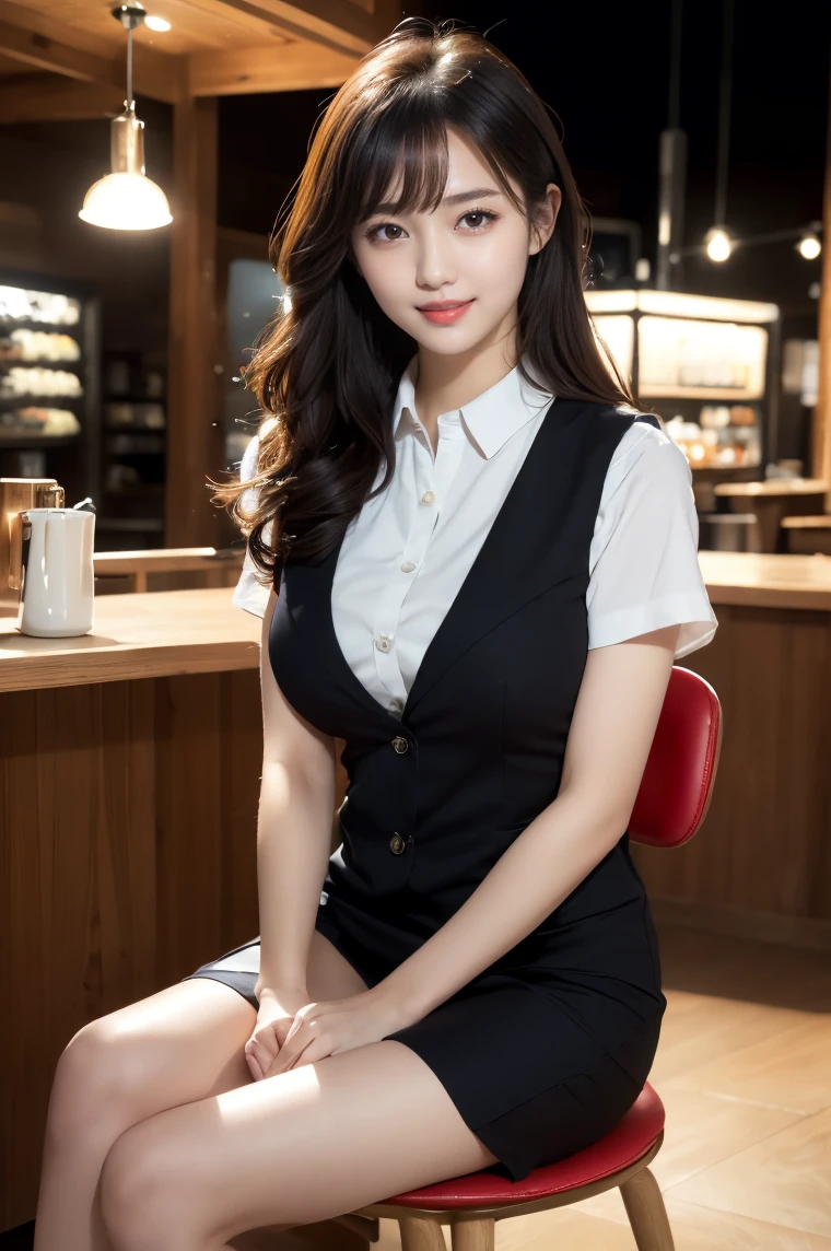 (((full body,including legs)))、(((cute counter staff,sexy counter staff,sexual massage,little smile,blush,red cheek,in the cafeterria,open legs apart,sitting down the chair))),(((perfect uniform of Japanese stewardess, black vest-dress uniform,white tight blouse,black mini skirt,black high-heel,little smile,white blouse,tight blouse))) ,high heel、Dressed up、(Photo real:1.4)、(A hyper-realistic:1.4)、(Photorealistic:1.3)、 (gentle lighting: 1.05)、(Improve the lighting quality of your video:0.9)、32k、 1Girl、28years old girl、photorealistic lighting、Back lighting、Facial Lights、Ray Trace、(bright:1.2)、(Increase quality:1.4)、 (best quality real texture skin)、Fair eyes,Delicate and delicate face, Close-up of the face, white blouse,tight blouse,tight black vest-dress uniform,black mini skirt, (Bodyline mood improvement:1.1)、good figure,Glossy skin、wavy hair,curly hair,blonde hair,韓国アイドル、乃木坂アイドル、Sculptural Idol Pose、little smile,blush,Beautiful actress, (((large breasts,beautiful breasts))),(perfect row of teeth),slender waist and hip,beautiful long legs,full shot)、((8heads tall)、(((誘惑している、恥ずかしい)))、dynamic pose,gravure pose,(eye shadow),((red cheek、red lips)),Super Clean Night View、night time、blush,little smile,(((full shot)))、Super Clean Night View、night time,in the cafeterria,open legs apart,sitting down the chair))),
