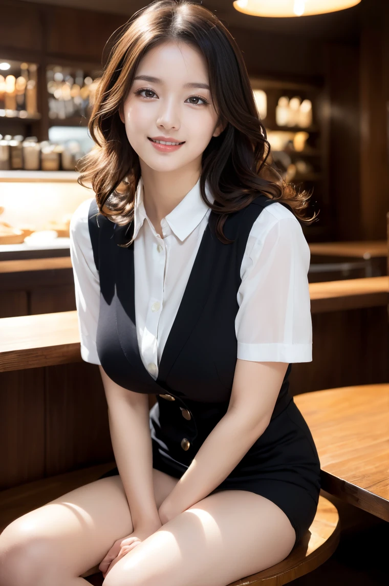 (((full body,including legs)))、(((cute counter staff,sexy counter staff,little smile,blush,red cheek,in the cafeterria,open legs apart,sitting down the chair))),(((perfect uniform of Japanese stewardess, black vest-dress uniform,white tight blouse,black mini skirt,black high-heel,little smile,white blouse,tight blouse))) ,high heel、Dressed up、(Photo real:1.4)、(A hyper-realistic:1.4)、(Photorealistic:1.3)、 (gentle lighting: 1.05)、(Improve the lighting quality of your video:0.9)、32k、 1Girl、28years old girl、photorealistic lighting、Back lighting、Facial Lights、Ray Trace、(bright:1.2)、(Increase quality:1.4)、 (best quality real texture skin)、Fair eyes,Delicate and delicate face, Close-up of the face, white blouse,tight blouse,tight black vest-dress uniform,black mini skirt, (Bodyline mood improvement:1.1)、good figure,Glossy skin、wavy hair,curly hair,blonde hair,韓国アイドル、乃木坂アイドル、Sculptural Idol Pose、little smile,blush,Beautiful actress, (((large breasts,beautiful breasts))),(perfect row of teeth),slender waist and hip,beautiful long legs,full shot)、((8heads tall)、(((誘惑している、恥ずかしい)))、dynamic pose,gravure pose,(eye shadow),((red cheek、red lips)),Super Clean Night View、night time、blush,little smile,(((full shot)))、Super Clean Night View、night time,in the cafeterria,open legs apart,sitting down the chair))),