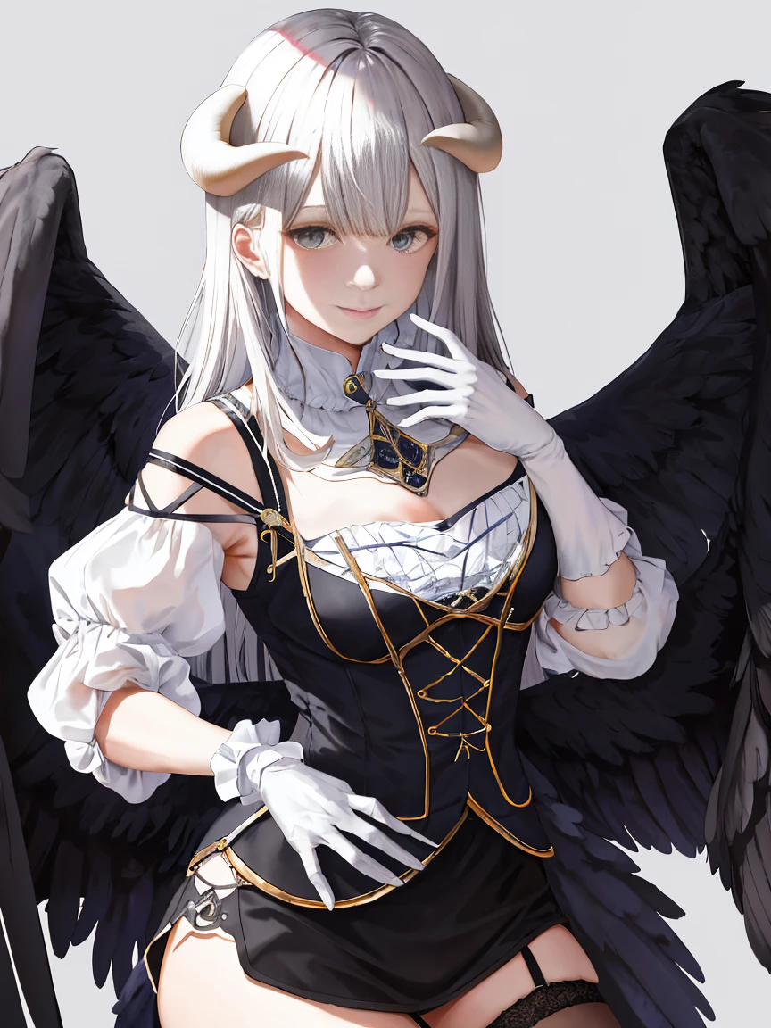 Meisterwerk, best qualit, high res, al1, demon horns, geschlitzte Pupillen, white gloves, nackte Schultern, Abnehmbarer Kragen, Spaltung, black wings, feathered wings, low wings, Cowboy erschossen, stehend, Verlies, evil smile, Die Hand ausstrecken, Ausgebreitete Arme, ausgestreckte Arme,