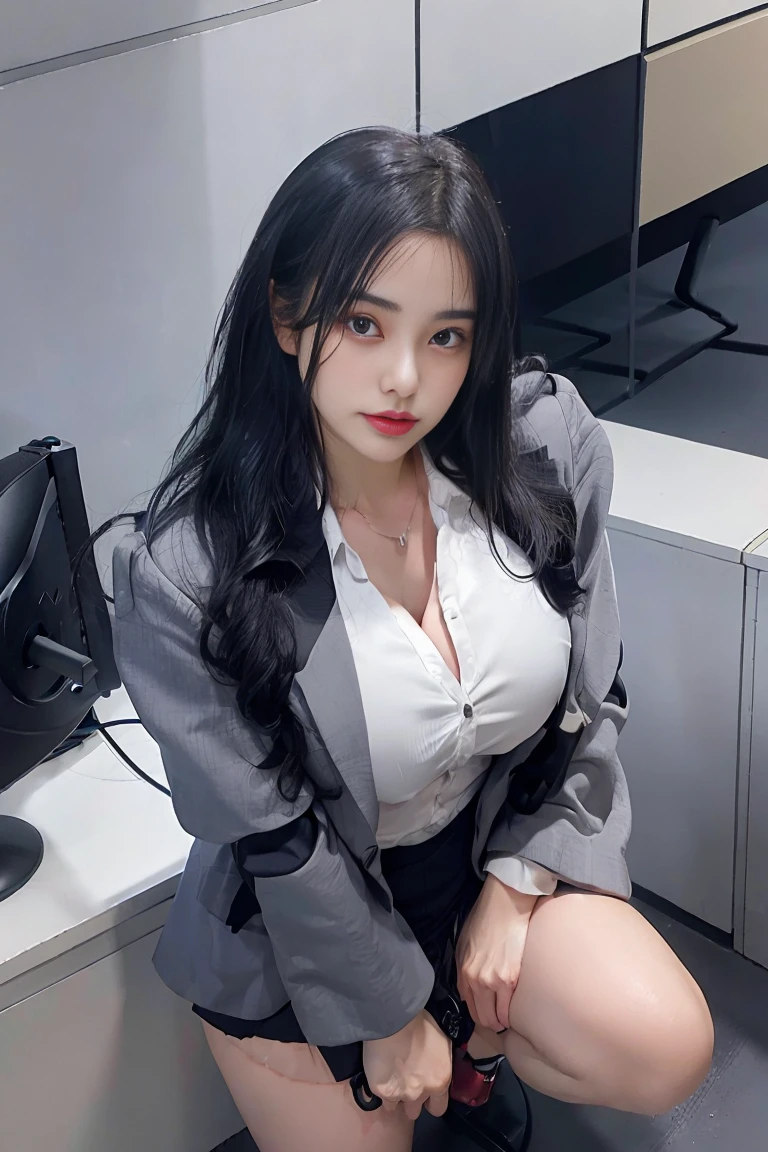 huge tit、g-cup、Woman in grey suit、Wearing a gray miniskirt、Height 175 cm、25-years old、Squatting in an empty office、I'm looking at it from above. long wavy black hair