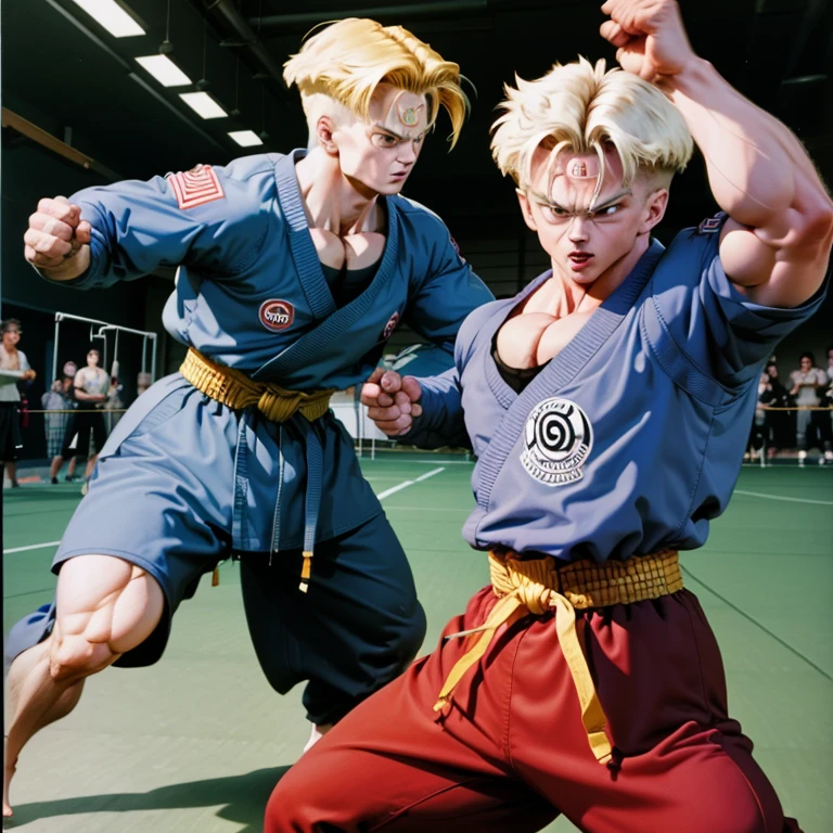 Trunks beim Karate Training, Bodybuilding body,zerfetzter Karate Gi, strongest in the world, Barefoot, Full body image, 