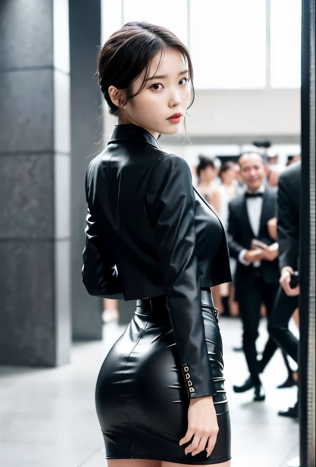 (in 8K、Raw photography、Highest Quality、realisitic、Photorealsitic、Professional Lighting、masterpiece、extremely delicate and beautiful、Highly detailed、finely detail、ultra-detailliert、hight resolution、full-shot)、SFW、VERY crowded train detailed scenario、1girl in、Beautuful Women(woman 1)ha、Wearing a black jacket and black skirt、Beautiful face:1.5、Model body type、small tits、All passengers except one female are male........:3、Men in suits、(woman 1)Touching the body of、male people(woman 1)hug from behind、male people(woman 1)Touching the chest of、male people(woman 1)Flip up the skirt of、I can see the white panties、Woman 1 is crying、shed tears、(((The nipple is visible)))、(((Focus on the buttocks)))、