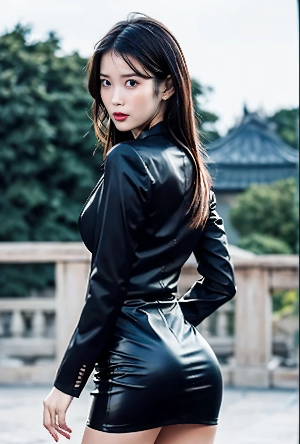 araffe woman in black leather sexy standing giving the back to you but looking at you showing her ass that is subtly covered by a tiny skirt that is so short and so tiny that let you see a wonderful upskirt, korean women's fashion model, korean girl, leather lingerie clothes, by Yang J, dressed in lingerie leather, she wears stockings, leather clothing, black leather slim clothes, leather lingerie, beautiful south korean woman, wearing leather stockings, dressed in short leather lingerie, korean woman, gorgeous young korean woman