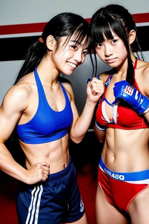 Two young Japanese female mixed martial artists。muscle。bikini。punch。ring。game。drenched in sweat。Full of scars。