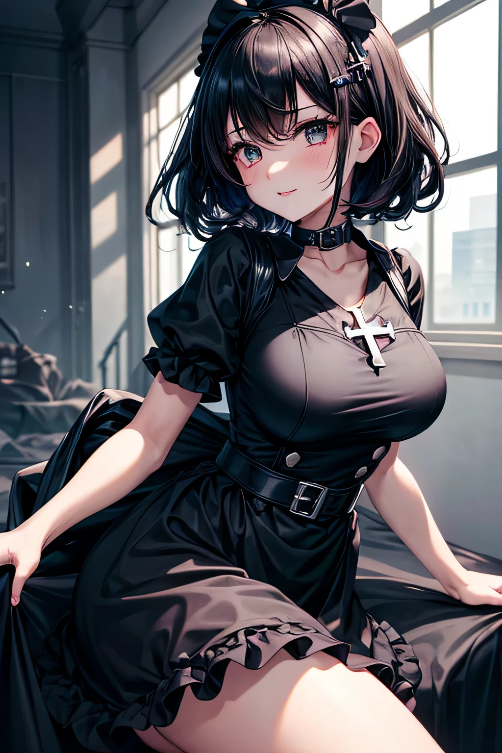 ((worst quality, low-quality)), ((a closeup)), (girl with:1.2), (big breasts), (A dark-haired, short-cut:1.3), (Dynamic Pose:1.2),plump shiny lips, Beautiful clear eyes, (The best smile), Spoken Heart, (perfect hand:1.2), (black theme:1.5), (all black:1.5), ((gothic lolita, black nurse costume):1.3), (black (nurse cap, sling) with cross-symbol print on head:1.5), (fusion of (short sleeve black collared-shirt with double-breasted) and black mini wrap-skirt:1.4), (collarbone:1.4), (double-breasted:1.4), (black choker with cross:1.3), ((intricately embroidered black lace, black ruffle trim):1.3), (black platform high boots:1.2),
(white and black theme:1.2), (white cross-symbol:1.3), (wrap white bandages around arms and legs:1.4), (white button:1.2), (The sight of a dilapidated hospital),low angle shot, masutepiece,Best Quality,ultra-detailliert, masterpiece,