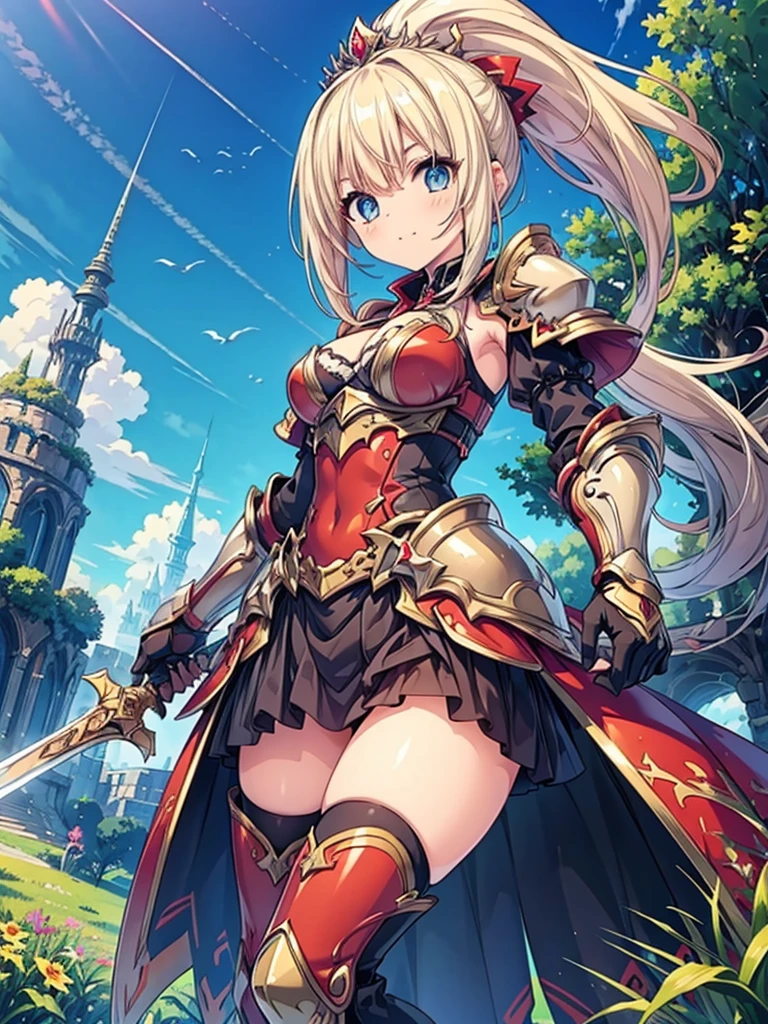 (masterpiece), best quality, expressive eyes, perfect face,1girl, holding sword by two hands over her head, a female knight in metal armor, red_outfit, white_armor,cropped shoulders armor, plate armor, armor dress,gauntlets, Blonde hair,high ponytail,Blue eyes,ruby tiara,cleavage, thighs, thighhighs, (from below:1.1), looking at viewer, blue sky