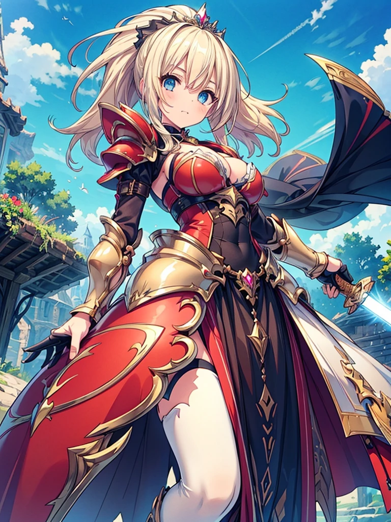 (masterpiece), best quality, expressive eyes, perfect face,1girl, holding sword by two hands over her head, a female knight in metal armor, red_outfit, white_armor,cropped shoulders armor, plate armor, armor dress,gauntlets, Blonde hair,high ponytail,Blue eyes,ruby tiara,cleavage, thighs, thighhighs,  (from below:1.1), looking at viewer, blue sky