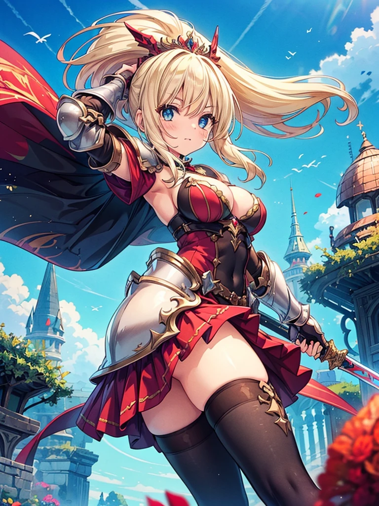 (masterpiece), best quality, expressive eyes, perfect face,1girl, holding sword by two hands over her head, a female knight in metal armor, red_outfit, white_armor,cropped shoulders armor, plate armor, armor dress,gauntlets, Blonde hair,high ponytail,Blue eyes,ruby tiara,cleavage, thighs, thighhighs,  (from below:1.1), looking at viewer, blue sky