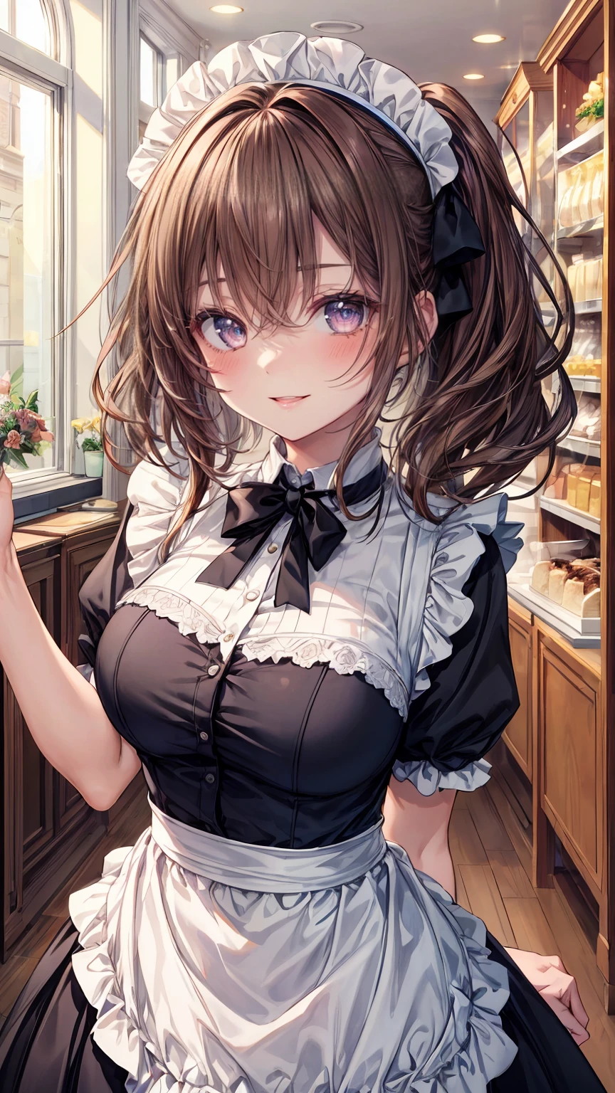 ((8Kmasterpiece,highest quality)), ultra high resolution, (masterpiece: 1.4), hyper detail, (((1 girl))),cute,perfect anatomy,beautiful and delicate eyes,purple eyes,Big eyes,shining eyes of light,thin and long eyelashes,detailed light,beautiful face,((brown hair)),((Side tail)),blush,shy smile,(open your mouth),big breasts, slender body,Maid Cafe Clerk,Inside the store with a pink atmosphere,cake, looking at the viewer