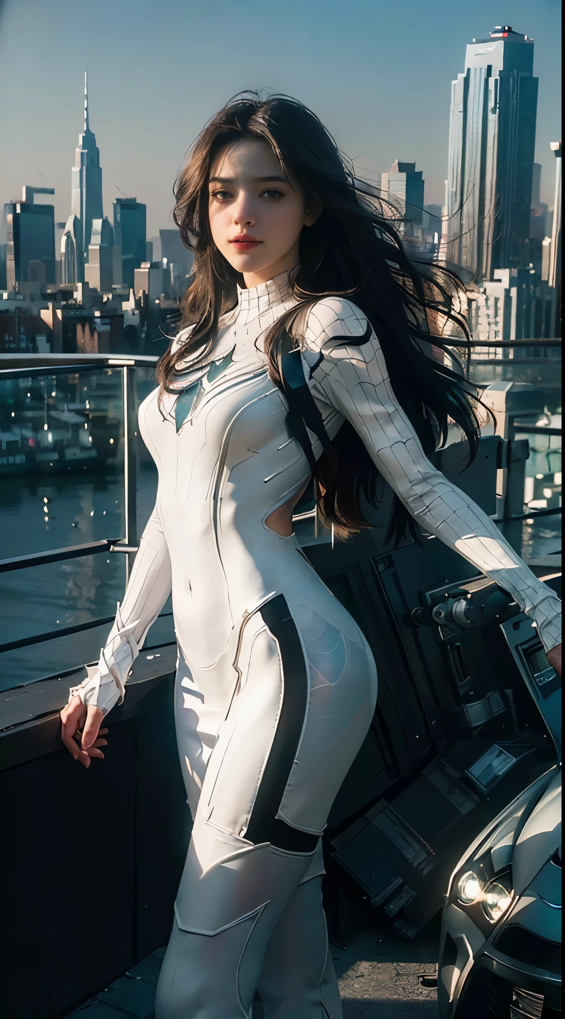 (Extreme Detail CG Unity 8K wallpaper, masterpiece, highest quality), (Exquisite lighting and shadow, highly dramatic graphics, Cinematic lens effect), (A girl in a white Spider-Man costume, from a parallel universe, city skyline in the background, dynamic pose), (excellent detail, outstanding lighting, wide angle), (excellent rendering, enough to stand out in its class)