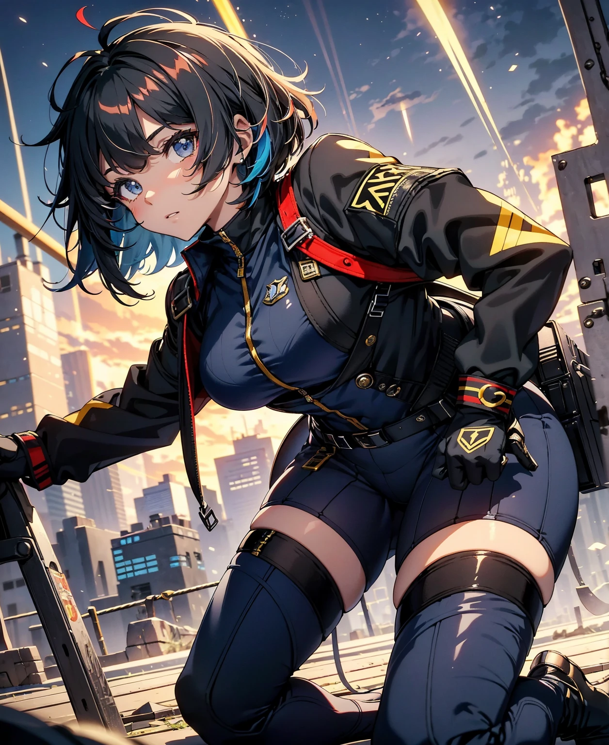 best quality,T Masterpiece,ultimate resolution,fluff,very colorful,colorful,female combatant,(kneeling pose)(pointing at you with his butt)18 year old girl,navy blue super short hair,Tight navy and black combat uniform,cute、tight suit,Steel City Background,night,normal posture,normal posture