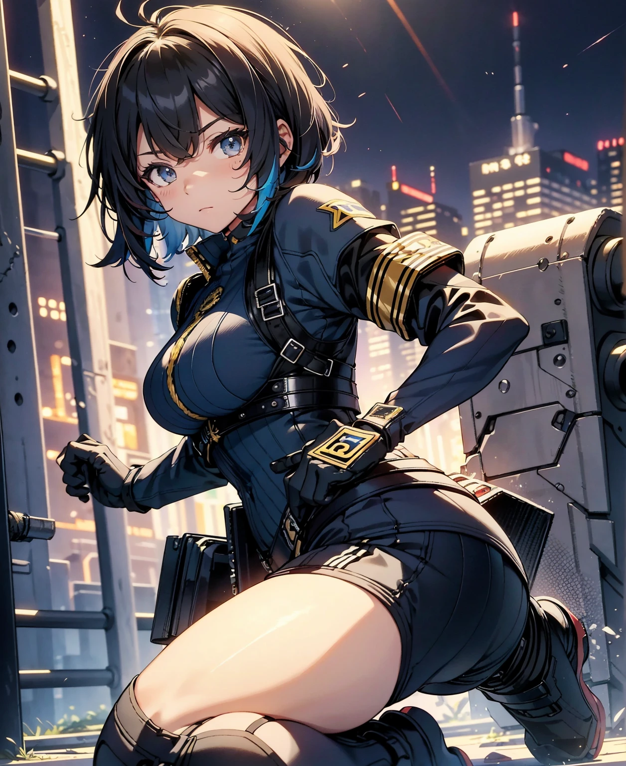 Kirito, Gun Gale Online Black Swordsman Outfit Overturned Jacket Black Shirt Silver Breastplate, blush, Super huge big breasts breast enlargement 紫色眼睛 一個人站在科幻都市 blush 微笑 一個人站都市 看著鏡頭 full-body shot 長髮 插图, ultra-detailed, HDR, vibrant colors, soft lighting