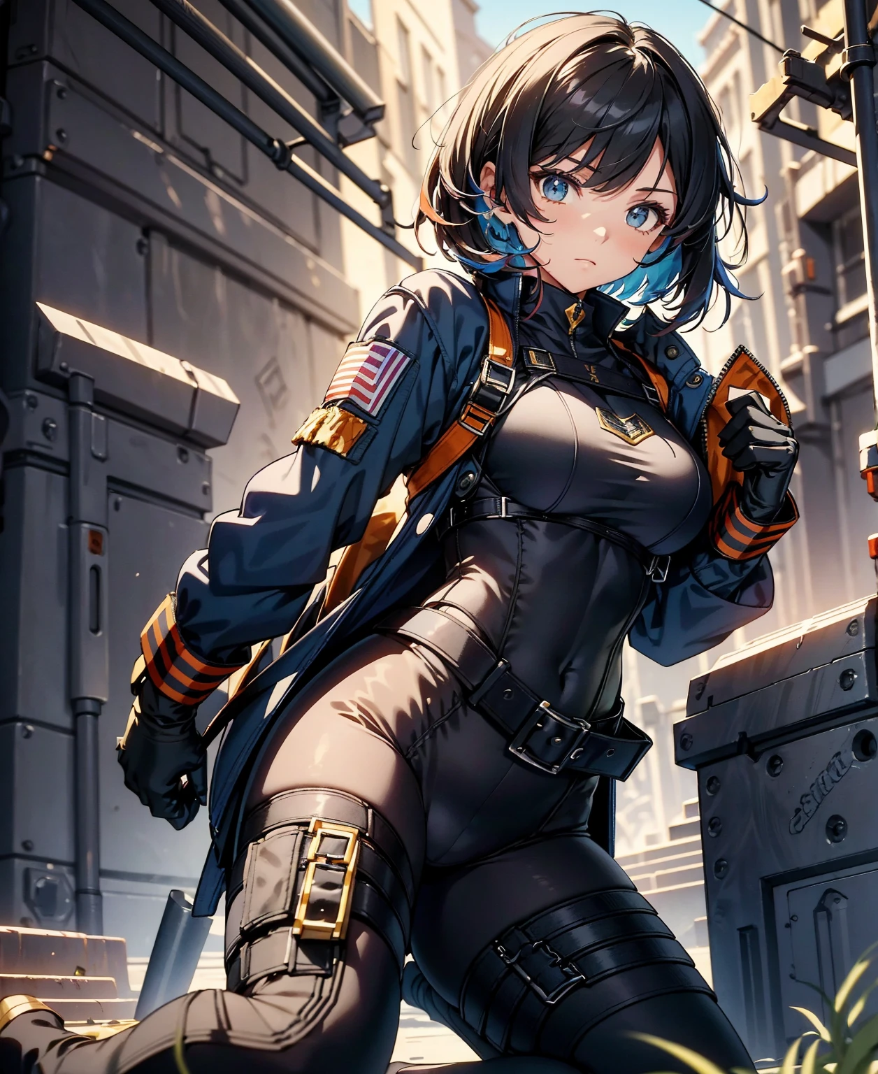 best quality,T Masterpiece,ultimate resolution,fluff,very colorful,colorful,female combatant,(kneeling pose)(pointing at you with his butt)18 year old girl,navy blue super short hair,Tight navy and black combat uniform,cute、tight suit,Steel City Background,night,normal posture,normal posture