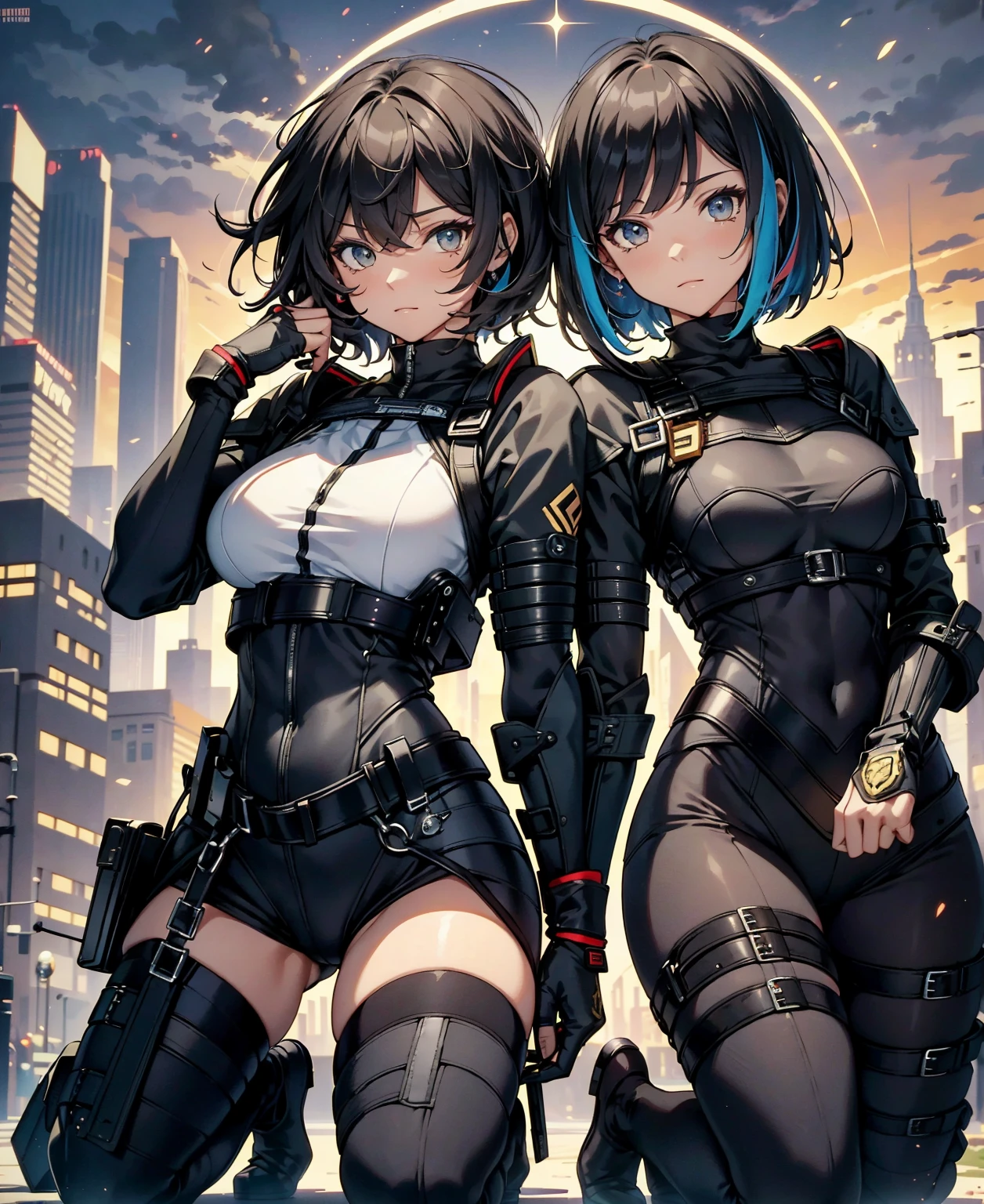 best quality,T Masterpiece,ultimate resolution,fluff,very colorful,colorful,female combatant,(Kneeling Pose)(pointing at you with his butt)mature woman,Black Super Short Hair,tight combat uniform,tight suit,Steel City Background,the night,normal posture,normal posture