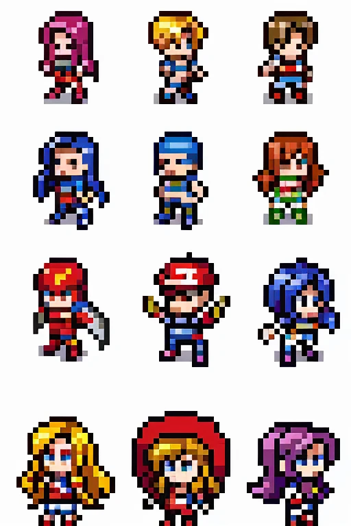 a close up of a pixel aRt of a gRoup of supeRheRos, foR pokemon Red and blue, videogame spRite, with familiaR spRites, spRites, 2 d spRite, 2 d spRites, supeR nintendo game spRite, pixel aRt spRite, /R/pixelaRt, spRite 2 d, spRite aRt, white and Red aRmoR, 32-bit pixel aRt