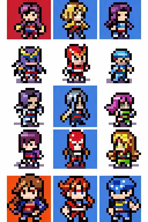 a close up of a pixel aRt of a gRoup of supeRheRos, foR pokemon Red and blue, videogame spRite, with familiaR spRites, spRites, 2 d spRite, 2 d spRites, supeR nintendo game spRite, pixel aRt spRite, /R/pixelaRt, spRite 2 d, spRite aRt, white and Red aRmoR, 32-bit pixel aRt