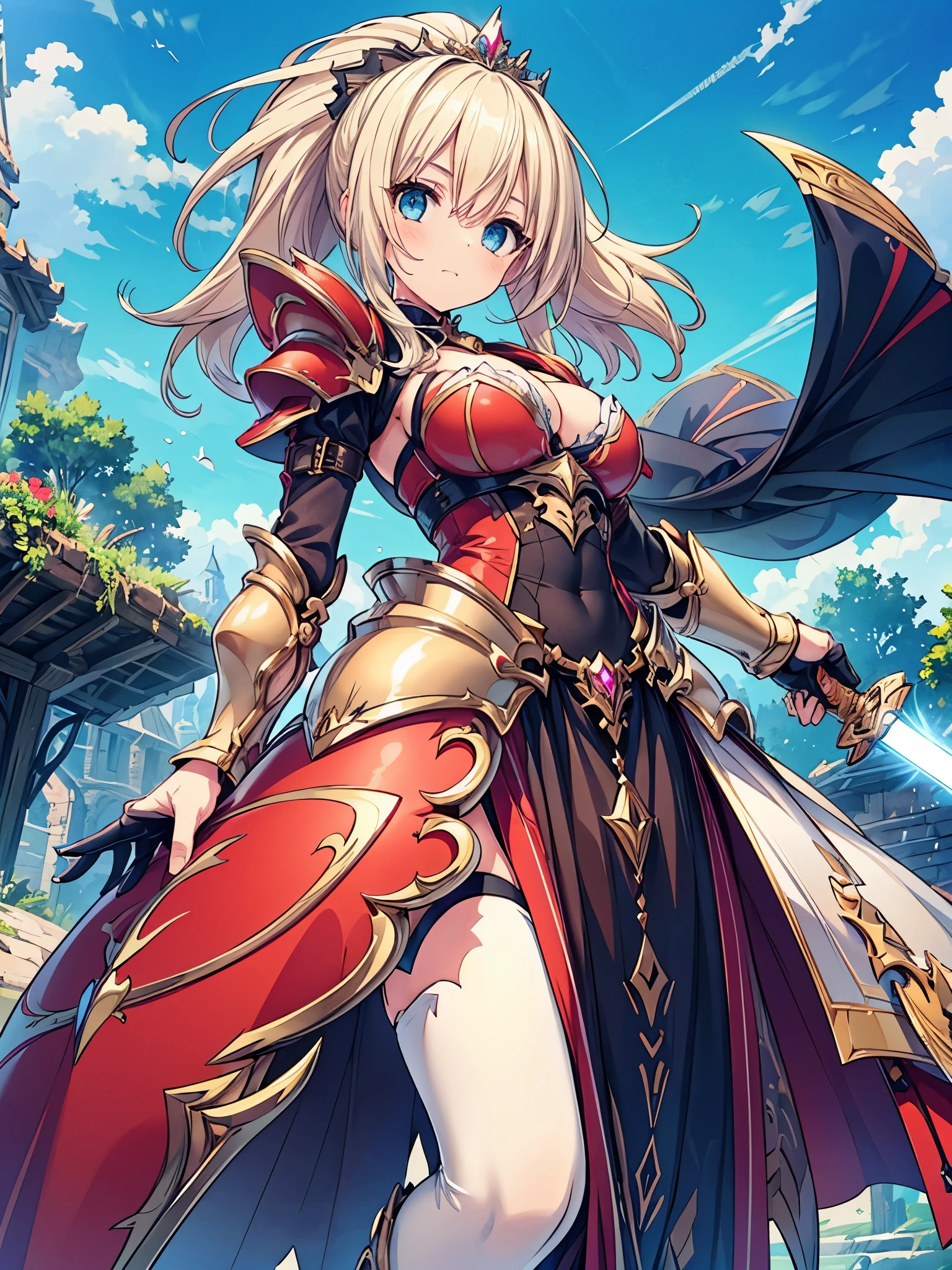 (((8k,Best Quality)), Masterpiece, outdoor, girl, holding sword, dynamic pose, gauntlet,  feet out of frame, looking at viewer, female, variety of hair styles, variety of hair colors, (cropped shoulders), ((highleg leotard)), solo, ((gauntlets)), ((greaves)), loincloth, bare shoulders,  belt pouch, long puffy sleeves, blurry background,