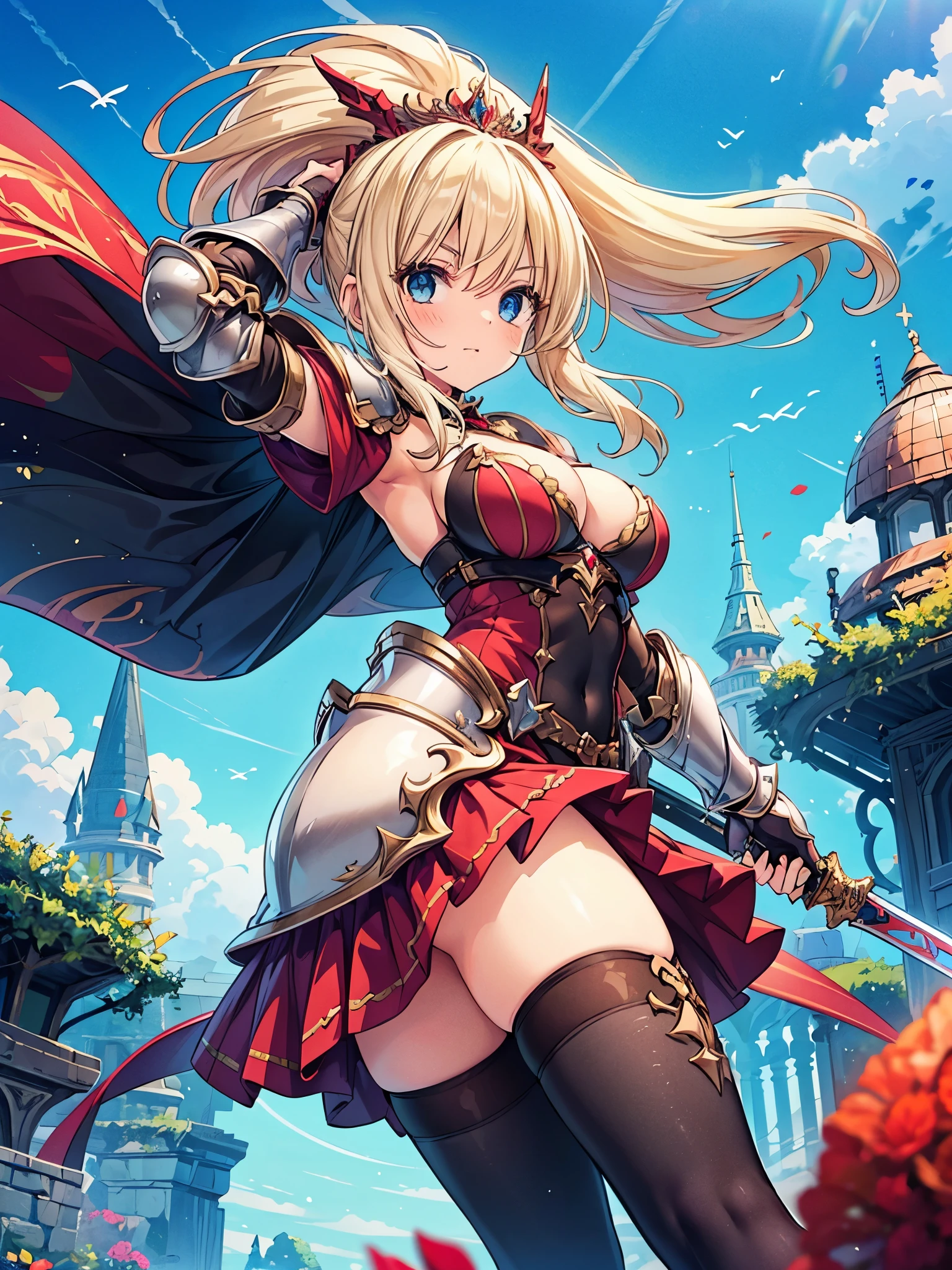 (masterpiece), best quality, expressive eyes, perfect face,1girl, holding sword by two hands over her head, a female knight in metal armor, red_outfit, white_armor,cropped shoulders armor, plate armor, armor dress,gauntlets, Blonde hair,high ponytail,Blue eyes,ruby tiara,cleavage, thighs, thighhighs,  (from below:1.1), looking at viewer, blue sky