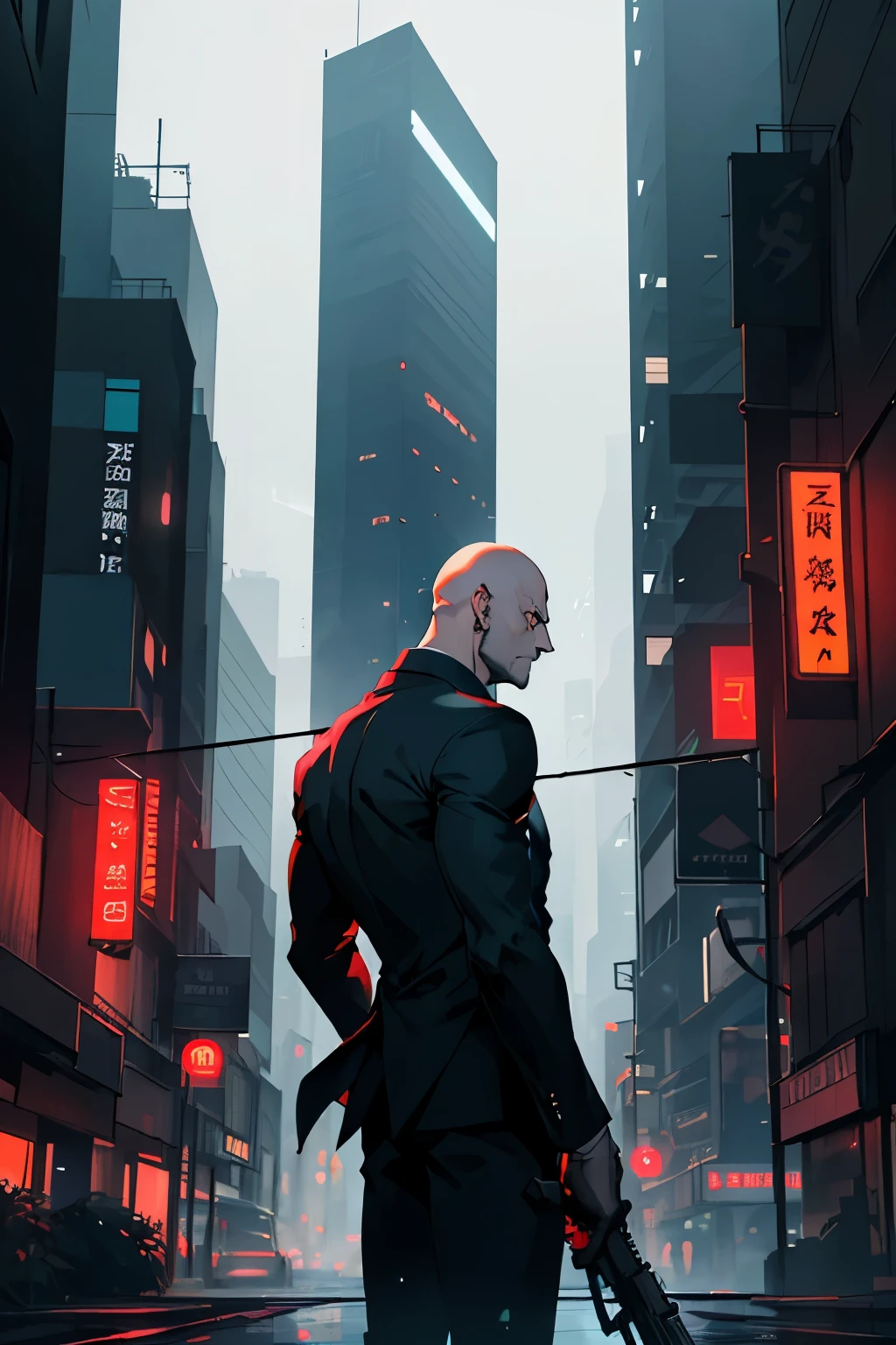 In the heart of the urban jungle, shrouded in the stillness of the night, a bald, assassin clad in a sleek black suit, pristine white shirt, and vivid red tie, takes position atop a towering building. His piercing gaze is fixed on the horizon, and in his hands, he cradles the deadly W2000 sniper rifle. The city's architectural maze of glass and steel stretches out below him in the darkness, the soft glow of neon signs casting an eerie light on the scene. The camera perspective surveys the assassin from the side and back, capturing a sense of menace and solitude as he awaits his next
