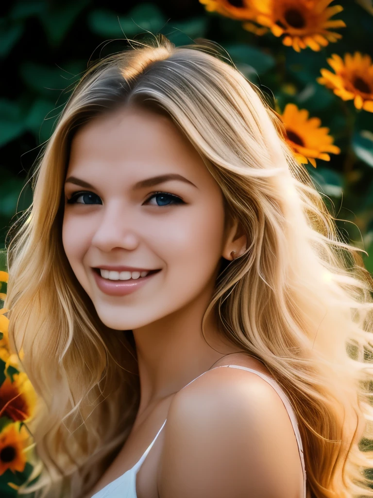 1girl, photograph of a pretty blond woman, 23yo, jubilant, long exposure, sharp focus on subject, floral hedge background, vibrant color, colorful, depth of field,