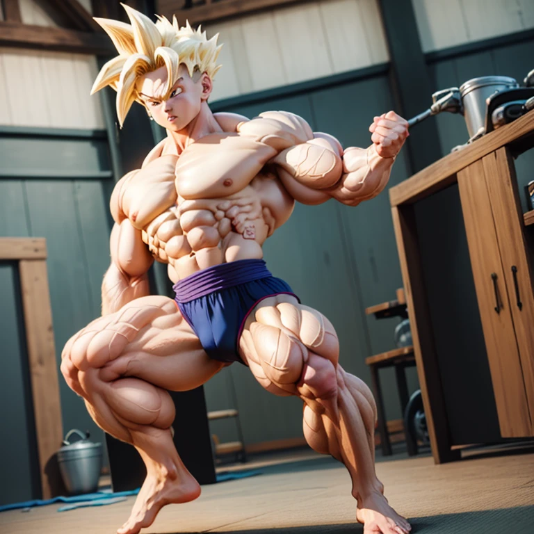 (Eine detaillierte Zeichnung von gohan, Bodybuilding-Fitnessstudio.), with a bare torso, huge muscular body, Big Bizeps, Big shoulders, Muskelbeine,Abs, Barefoot, The most muscular pose, Back muscles, in der Turnhalle