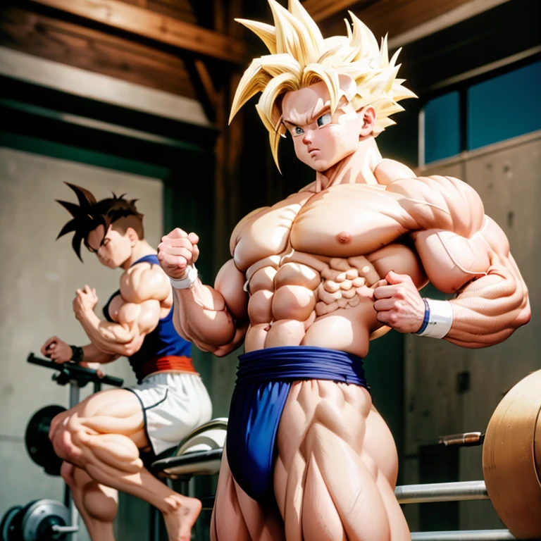 (Eine detaillierte Zeichnung von gohan, Bodybuilding-Fitnessstudio.), with a bare torso, huge muscular body, Big Bizeps, Big shoulders, Muskelbeine,Abs, Barefoot, The most muscular pose, Back muscles, in der Turnhalle