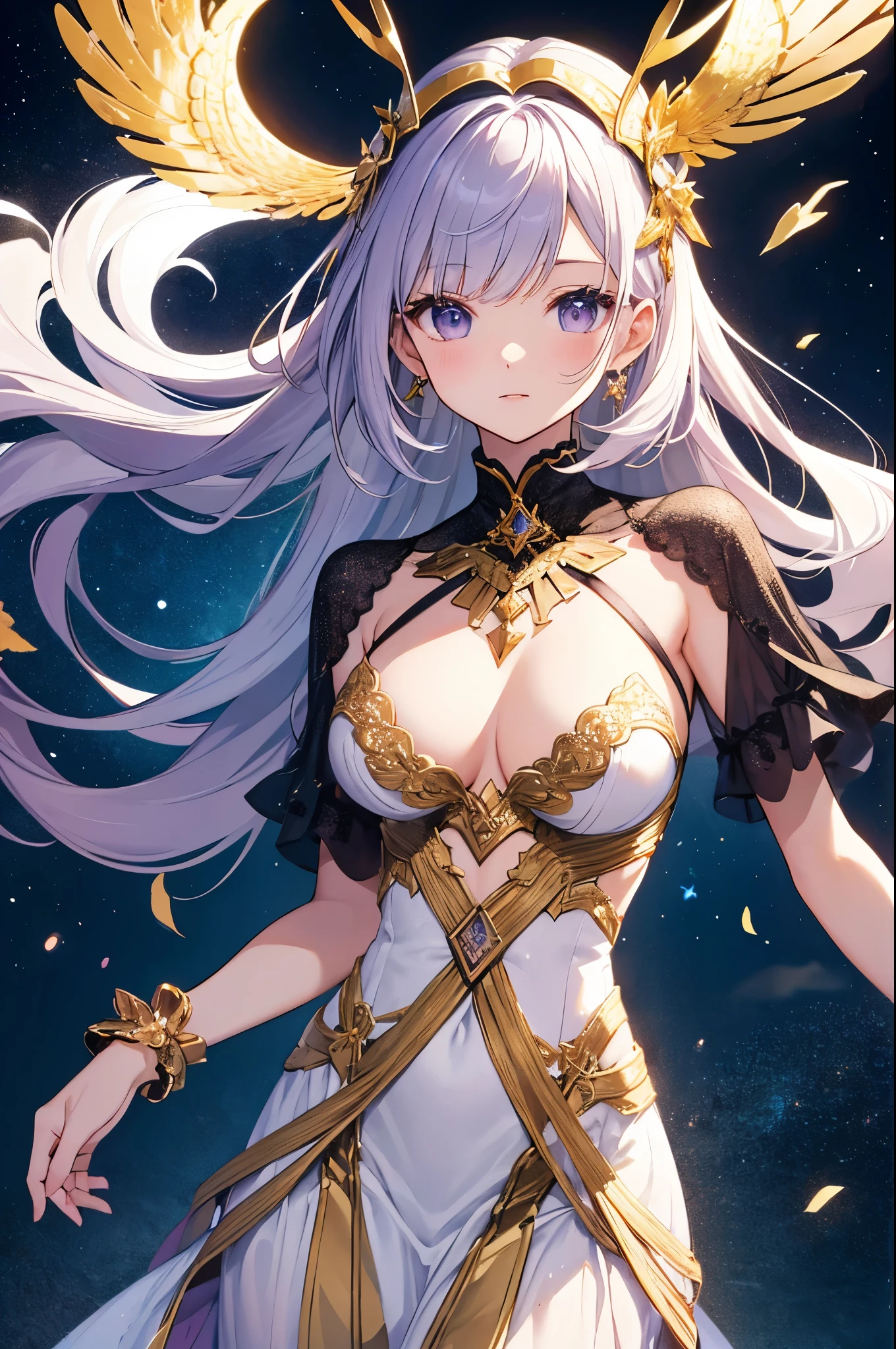 （masterpiece）、(highest quality)、((Super detailed))、(super delicate)、cute、Pastel colors hair、beautiful breasts、Gorgeous、fantastic sea of stars、Gold, silver, and purple costumes