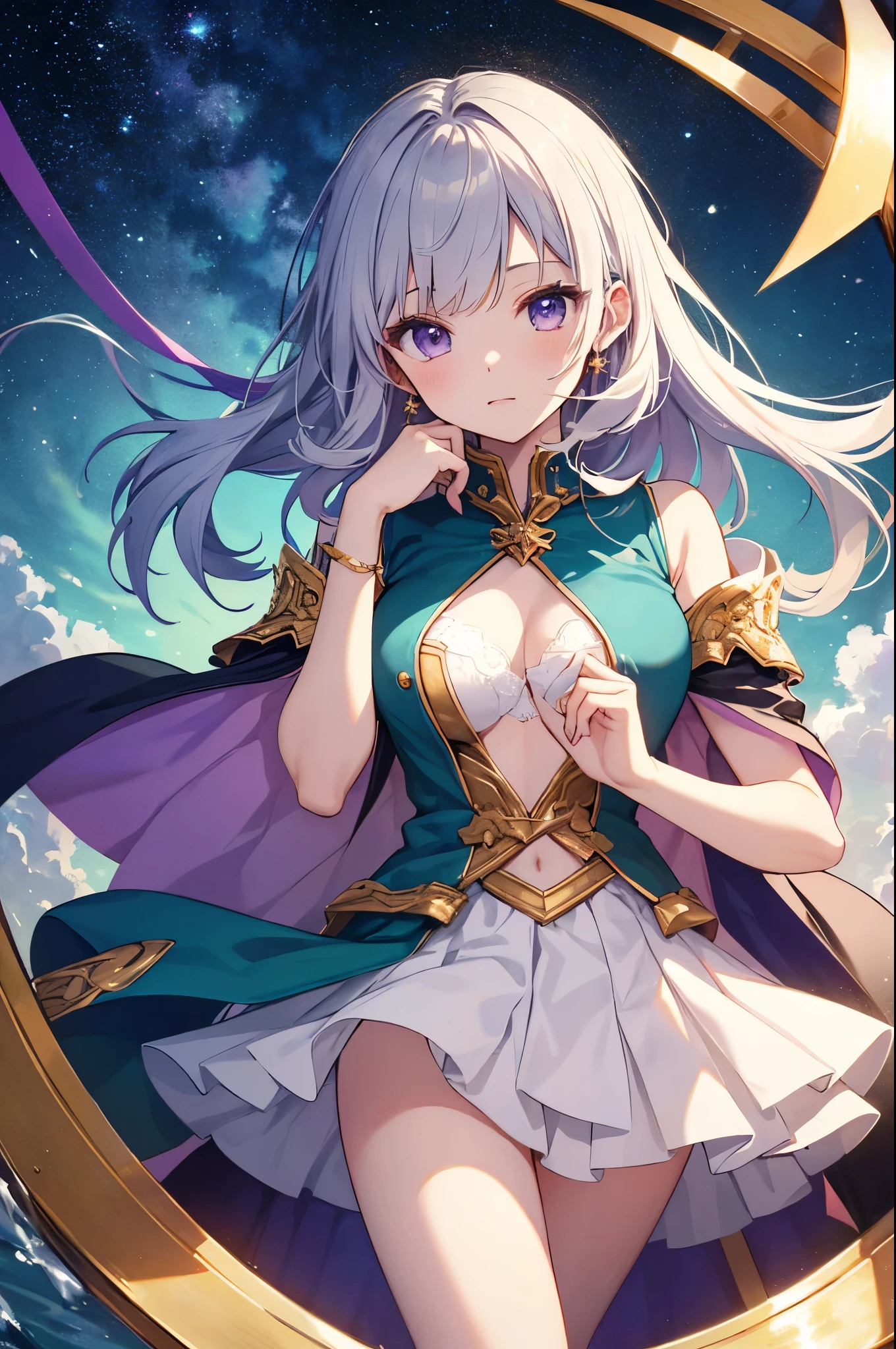 (masterpiece)、(highest quality)、((Super detailed))、(super delicate)、cute、Pastel colors hair、beautiful breasts、Gorgeous、fantastic sea of stars、Gold, silver, and purple costumes