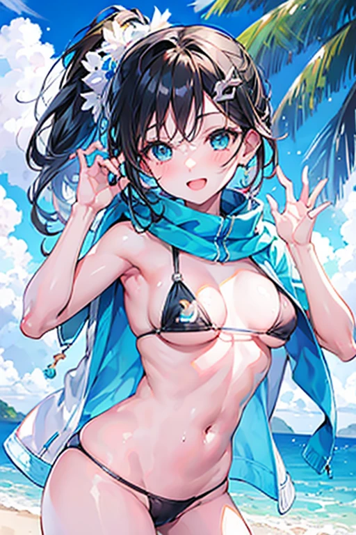 Tazune rirei, nsfw, 8k, ultra-detailed, Masterpiece, best quality, aqua eyes, black hair, side ponytail, middle chest, nipple standing, hot pants bikini, day, cloud, poolside, 1girl, solo, portrait, bokeh, smile, open mouth, blush