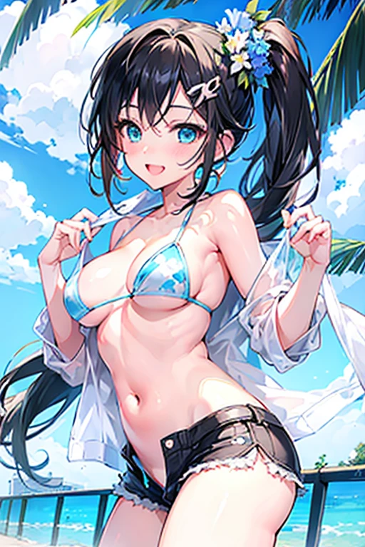 Tazune rirei, nsfw, 8k, ultra-detailed, Masterpiece, best quality, aqua eyes, black hair, side ponytail, middle chest, nipple standing, hot pants bikini, day, cloud, poolside, 1girl, solo, portrait, bokeh, smile, open mouth, blush