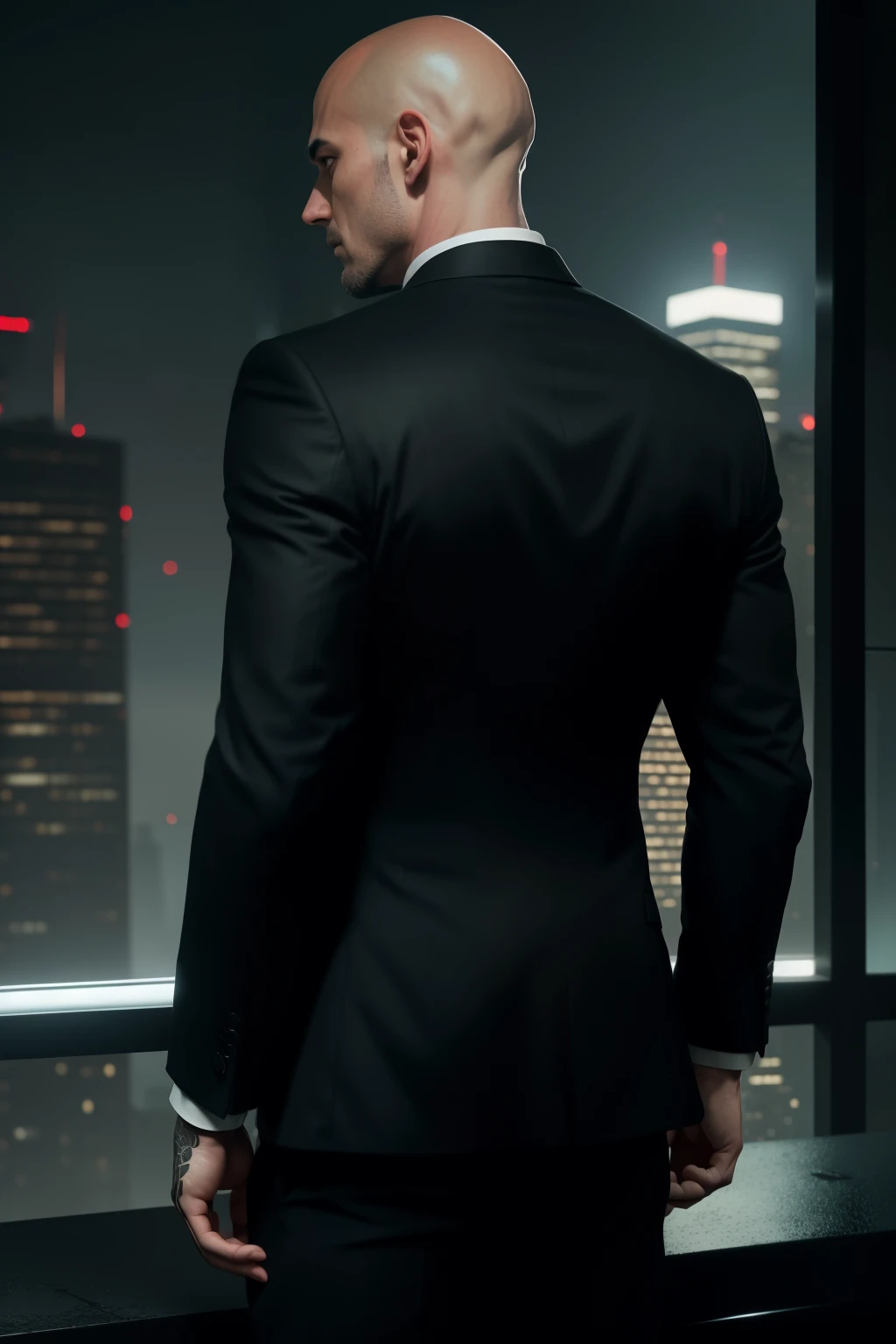 A bald, beardless assassin, dressed in a sleek black suit, white shirt, and bold red tie, takes a steadying breath as he squats on the rooftop, scanning the rain-soaked cityscape before him. The architectural jungle below him comes alive under the glistening rain, every line and edge sharp and defined. In this nocturnal tableau, the assassin's piercing gaze stands out as he focuses on his target in the distance. The scene unfolds from an oblique and intriguing perspective - side and back, promising a thrilling and suspenseful narrative. The image is rendered in exquisite detail, featuring a rich color palette and cris