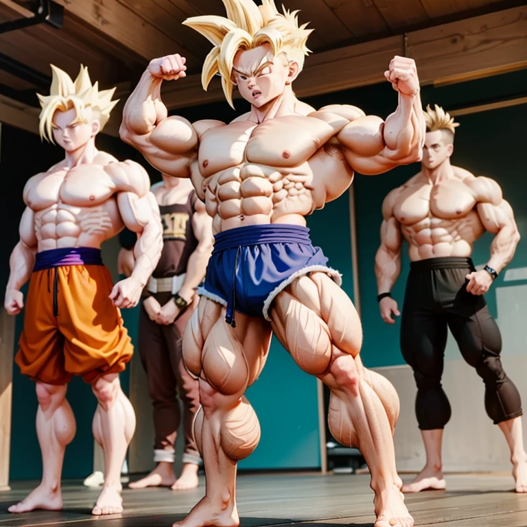 (Eine detaillierte Zeichnung von gohan, Bodybuilding-Fitnessstudio.), with a bare torso, huge muscular body, Big Bizeps, Big shoulders, Muskelbeine,Abs, Barefoot, The most muscular pose, Back muscles, in der Turnhalle