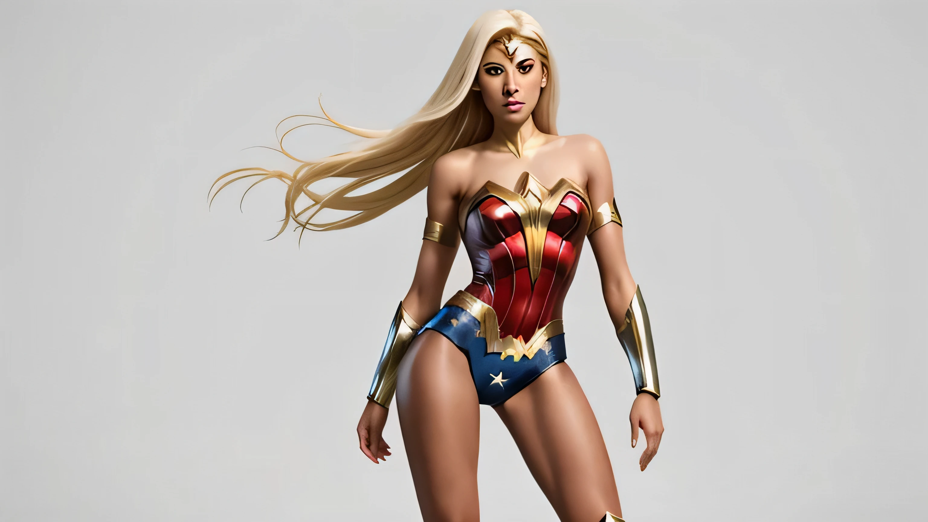 Black Woman as Wonder Woman, full body shot, long legs, Blonde straight long Hair, bare shoulders, blank empty white plain background