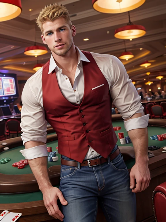 Photorealistic, full view.  A handsome, young, fit Caucasian man, with short, blond hair with shaved sides, and blue eyes, wearing a salmon-colored Polo shirt, and blue jeans playing at a blackjack table in a casino.  A young, handsome, very muscular Caucasian artist with shaved brown hair, blue eyes, and stubble, wearing a white dress shirt, with a red formal vest, and dark pants, dealing the cards.
