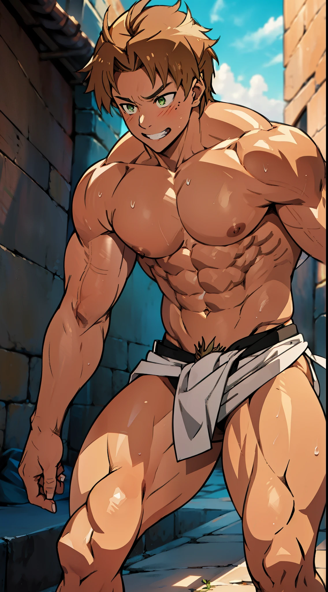 red skin, bright red skin, the boy blushed shyly , rosy skin, shiny skin(muscular thigh muscles )( anime style, art) (photo angle from bottom up) (photo angle from the ground upwards) [Anime photo][highest quality photo][4k,HD photo quality ] wear tight and short loincloths ,the loincloth bulges due to the erect male genitals (muscular thigh muscles, firm thigh muscles, muscular thigh muscles, sinewy thigh muscles, giant thigh muscles, strong leg muscles, muscular hamstring leg muscles)(thigh muscles bulging as if about to explode, muscular, calloused, sinewy, giant) , Rudeus Greyrat,fun, happy,bodybuilder,bodybuilding, standing, lots of sweat flowing down, topless, shirtless, hot sunny, 8 pack abs , short hair , green eyes, Side View, Both hands behind the head.