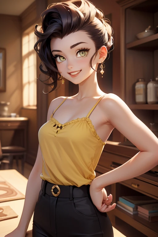 (masterpiece, exquisite beautiful eyes: 1.5), masterpiece ,1 girl,cute girl,(yellow eyes:1.2),small breasts,camisole,grin、(pompadour)