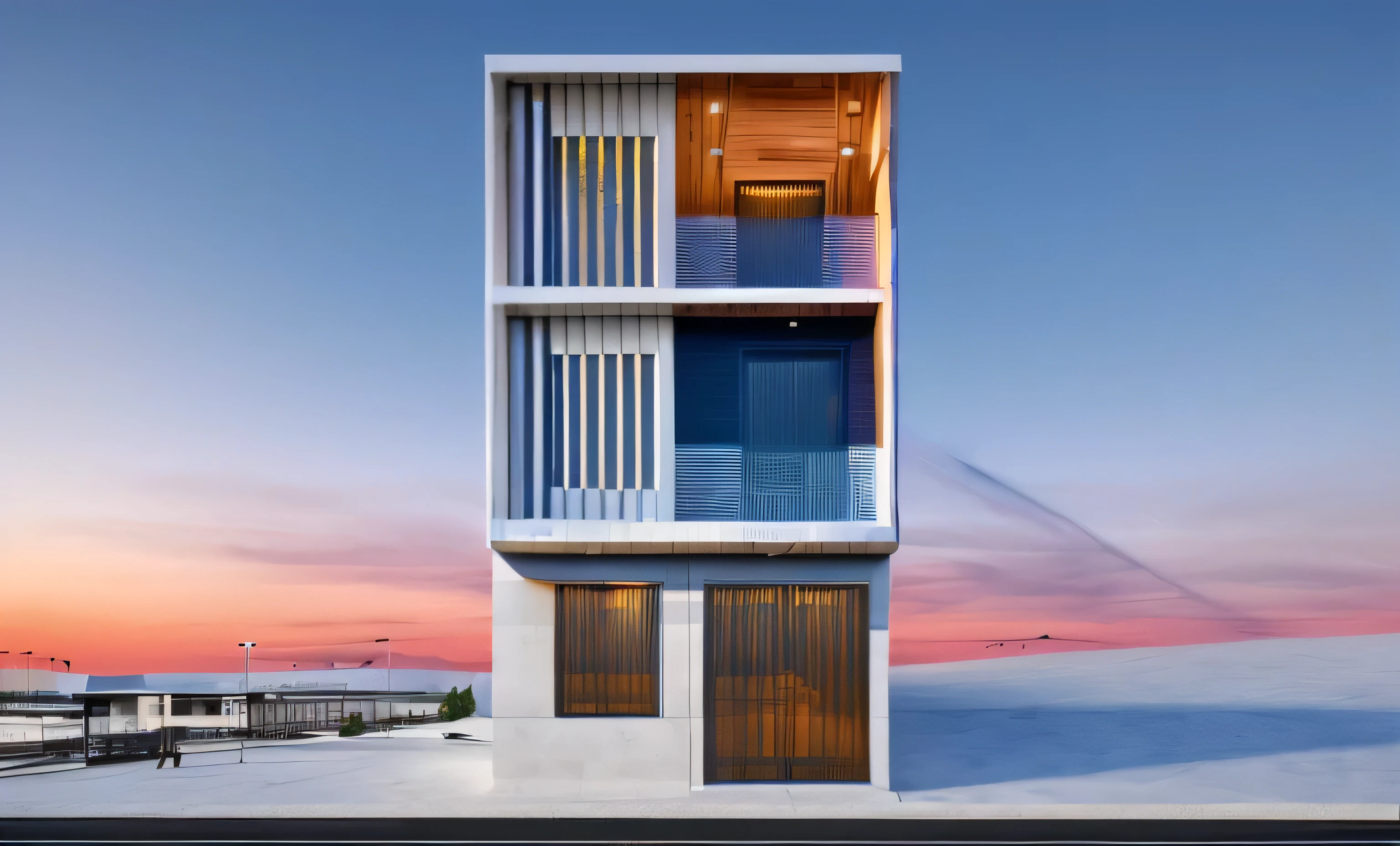 (masterpiece),(high quality), best quality, real,(realistic), super detailed,(full detail),(4k),8k,modern office exterior design,Modern architecture,Beautiful_sky,sunrise_light,(gentle light),((no_strong_contrast)), no_humans, outdoors,sky,(strong interior light),
