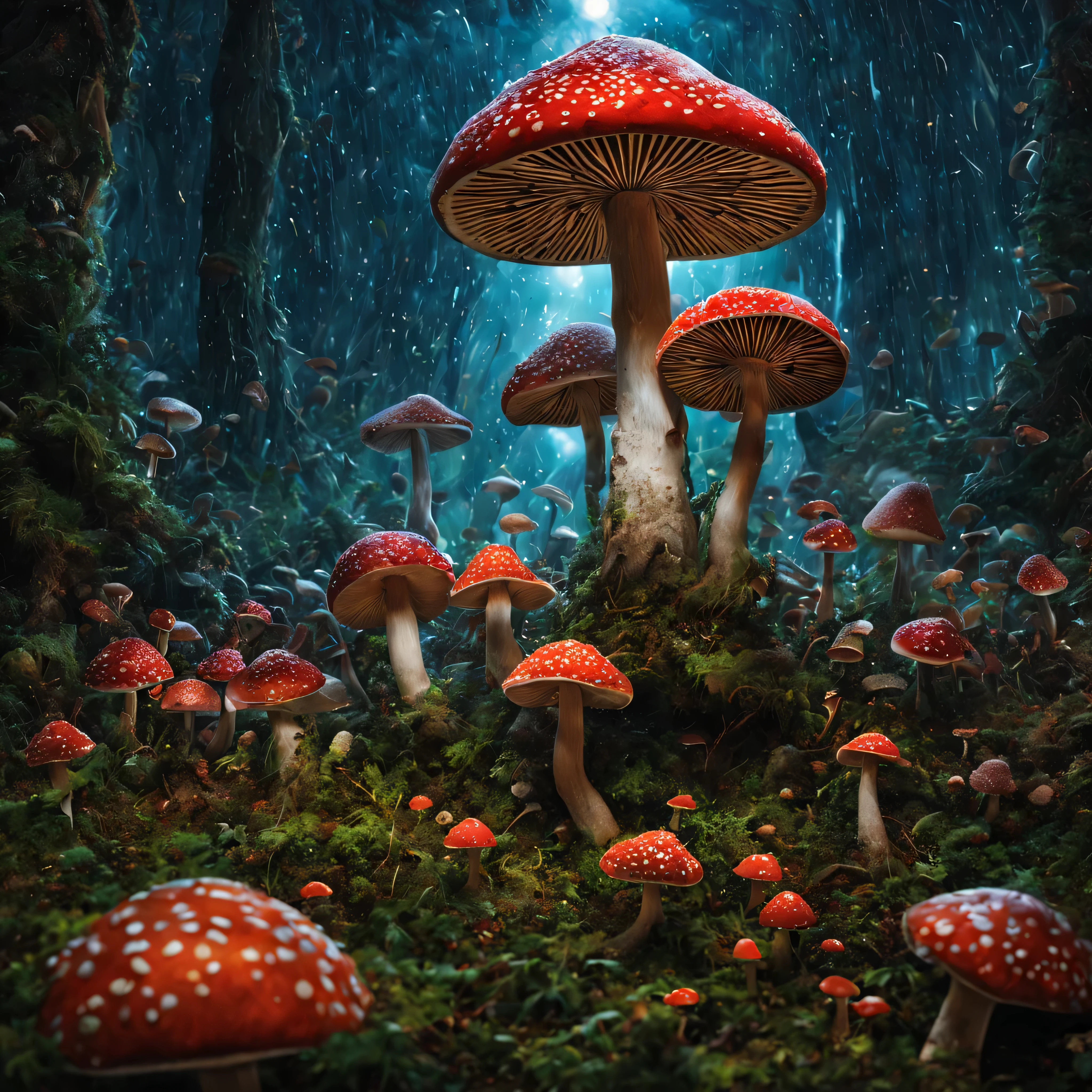 nesta imagem hipnotizante, uma cena vividamente surreal se desenrola: an electronic music concert is taking place amidst a cascade of Amanita muscaria mushrooms raining down on the audience. Esta obra de arte visualmente impressionante, potentially a painting or a digital illustration, captures the essence of an extravagant, hallucinatory experience. Every detail is meticulously crafted, with the vibrant colors of the mushrooms contrasting with the diverse reactions of the crowd. The intricate patterns and textures of mushrooms are exquisitely reproduced, evoking a sense of wonder and delight. With its exceptional artistic quality, This captivating image immerses viewers in a fantastic world where music and nature intertwine.