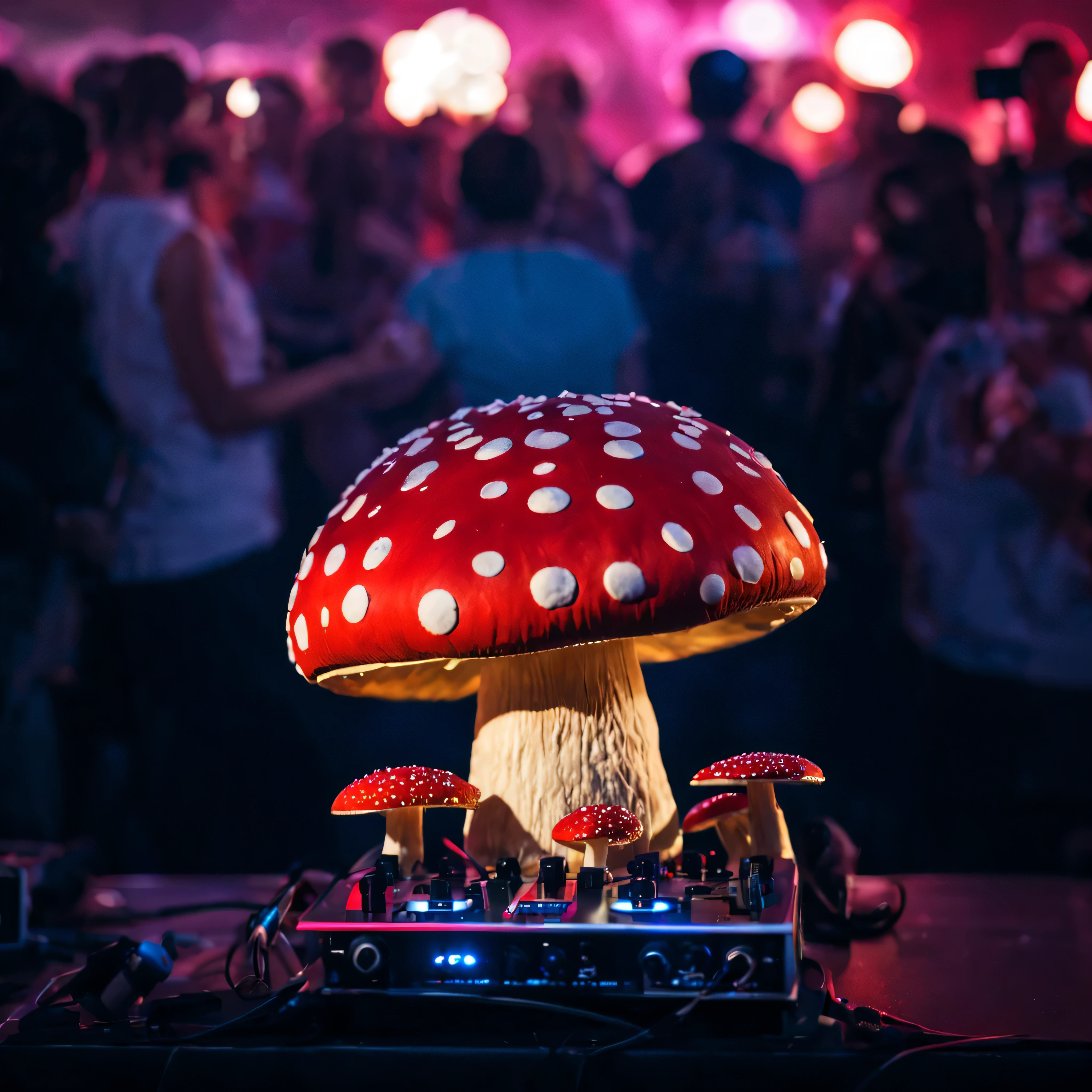 An Amanita muscaria mushroom playing as an electronic music DJ at a concert and the dancing audience going crazy